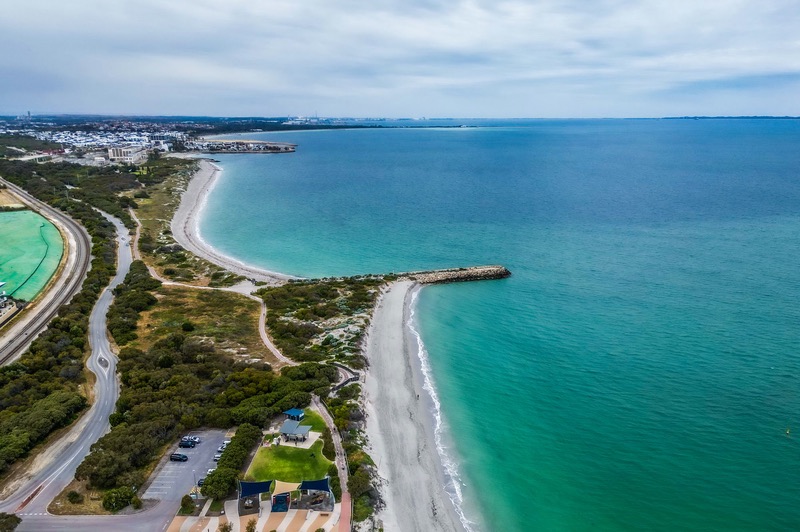 An aerial view of North Coogee beach on the Cockburn coast.