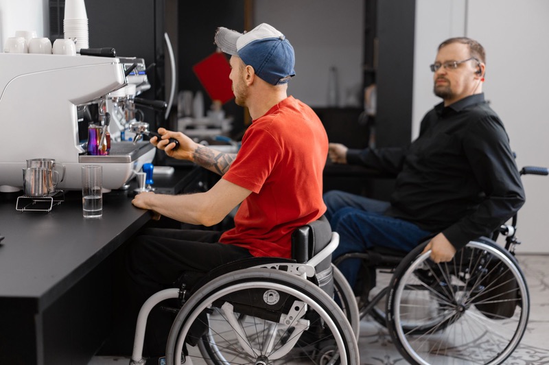 Two men in wheelchairs work behind a café counter.